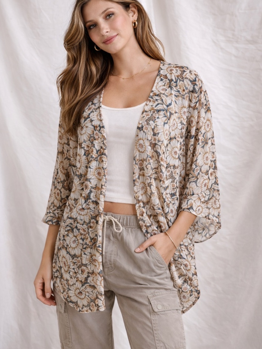 56) Boho Floral Kimono Top | Lightweight Sheer Cardigan Neutral Flowy Layer